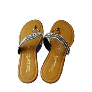 Toscanella Women's Tan and Blue Sandals Rhinestone Flats Sz 8.5